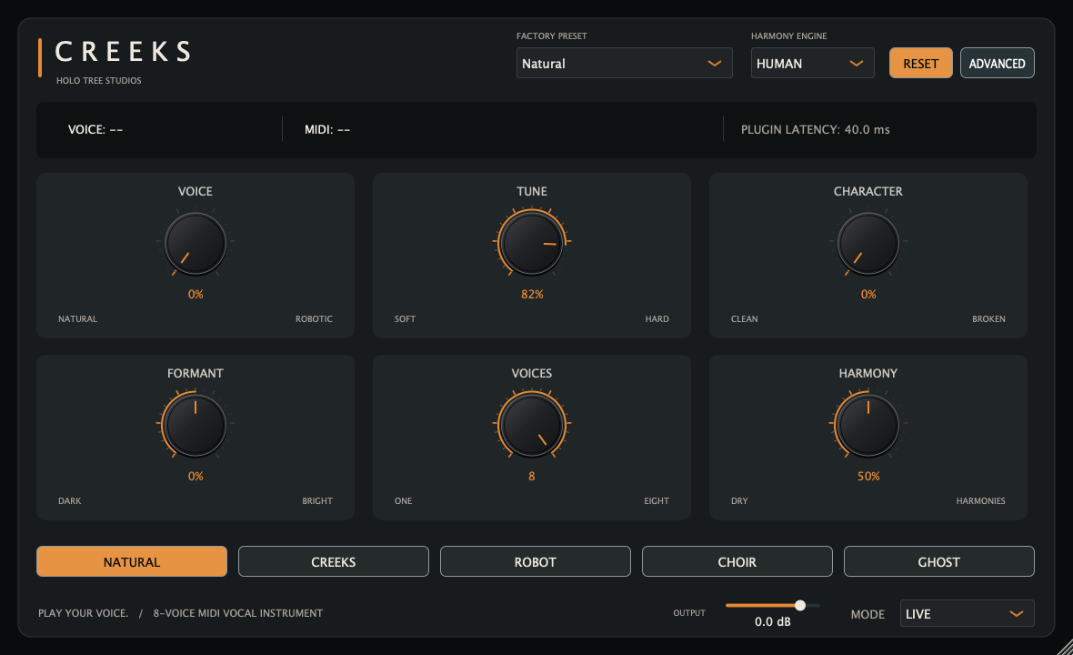 Creeks performance view with six controls, five presets, an Advanced button and output level.